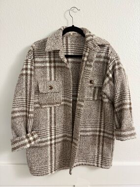 Teddy Plaid Shacket Jacket in Brown and Cream
